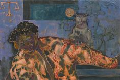 a painting of a man sitting on a couch with a cat in the background and a dog standing behind him