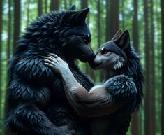 two wolfs are hugging each other in the woods