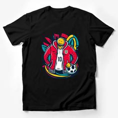 Dive into the sporty spirit with our unique, vibrant soccer player T-shirt. Designed for fans of the beautiful game, this tee features a stylized illustration of a smiling soccer player, adorned with dynamic and colorful graphics that capture the energy of the sport. Perfect for casual wear or cheering on your favorite team, this shirt combines style with comfort. Made with high-quality materials, it ensures durability and a soft feel for everyday wear. Celebrate your passion for soccer with thi Casual T-shirt With Front Print For Sports Events, Short Sleeve T-shirt With Character Print For Sports Events, Sporty T-shirt With Football Season Screen Print, Sporty T-shirt With Character Print For Sports, Sports Fan T-shirt With Sublimation Print, Sports Events Fan Apparel T-shirt With Front Print, Sporty Short Sleeve Sublimation T-shirt With Graphic Print, Sporty Short Sleeve Sublimation Graphic T-shirt, Sports Fan Graphic T-shirt