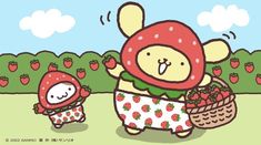 a cartoon character holding a basket with strawberries in it and another character wearing a red hat