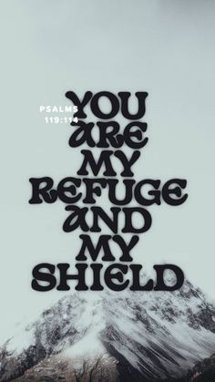 the words you are my refuge and my shield written in black on top of a mountain