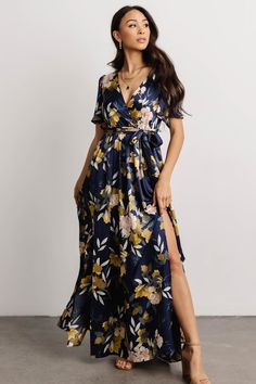 Sicily Satin Maxi Dress | Navy Floral | Baltic Born Mocha Dress, Tulle Maxi Dress, Baltic Born, Summer Wedding Guests, White Florals, Navy Floral Dress, Guest Attire, Wedding Attire Guest, Surplice Neckline