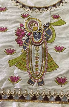 Pichwai Work Blouse, Pichwai Embroidery Design, Krishna Blouse Designs, Embroidery Designs For Dupatta, Bandhani Blouse Work, Machi Work Blouse, Khatli Work Blouse Design New, Handwork Blouse Design, Shreenathji Painting