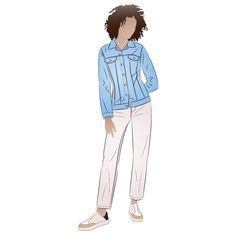 a drawing of a woman in white pants and a blue shirt standing with her hands on her hips