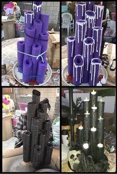 purple candles are stacked on top of each other in different stages of being used to decorate them