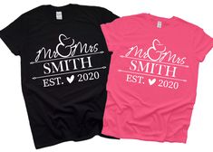 two t - shirts that say mr and mrs, each with their own name on them