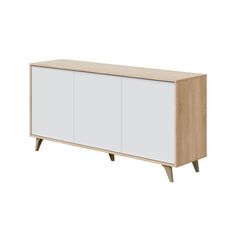 the sideboard with two doors and three legs is shown in white and light wood