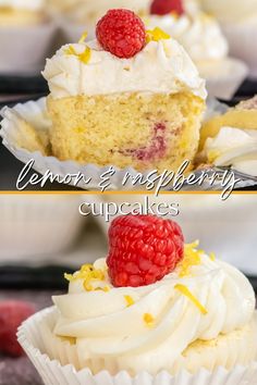 two pictures of lemon and raspberry cupcakes