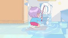 a cartoon girl squatting on the floor with a toothbrush in her hand while looking at a toilet