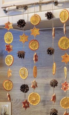 orange slices and pine cones are hanging from the ceiling