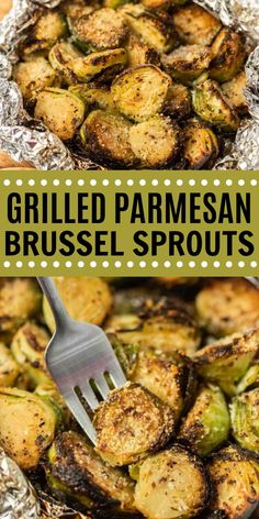 grilled parmesan brussel sprouts in foil with a fork