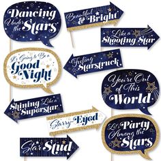 blue and gold party signs with stars on them, one saying good night the other saying happy