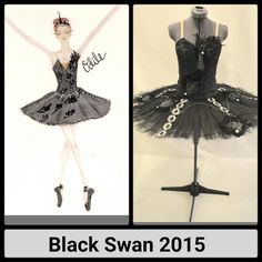 black swan costume on mannequins and an image of a woman's dress