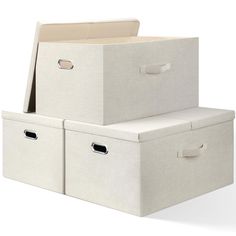 two white storage boxes with handles on each side and one open, the other closed