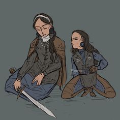 two people sitting on the ground with one holding a knife