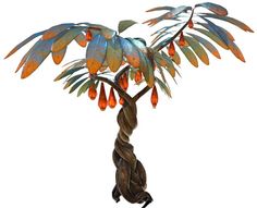 a metal tree with orange and blue flowers on it's branches, hanging from a white background