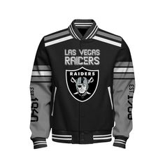 a black and grey jacket with the word las vegass on it, in front of an image of a football helmet