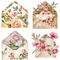 four envelopes with flowers on them