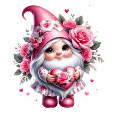 a cute little gnome holding a heart surrounded by pink roses and flowers on a white background