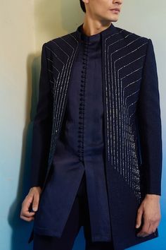 Deep blue textured sherwani with cutdana embellishment in geometric line pattern. Paired with kurta and pant. - Aza Fashions Sangeet Outfit For Men, Navy Blue Sherwani, Open Sherwani, Bridal Crop Top, Blue Sherwani, Kurta And Pants, Kaftan Kurta, Blue Blaze