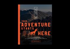 an orange book cover with the title your adventure starts here on top of a mountain