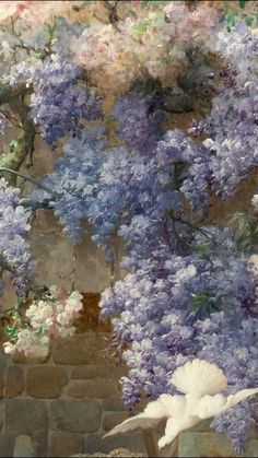 a painting of purple and white flowers in front of a stone wall with two doves