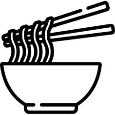 a bowl filled with noodles and chopsticks on top of it, black and white