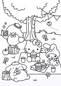 hello kitty picnic coloring pages for kids