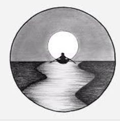 a drawing of a person in a boat on the water at night with an eclipse behind them