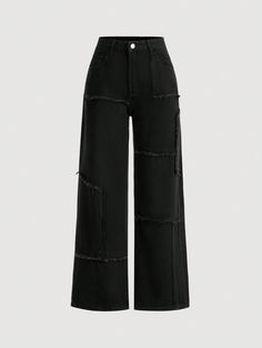 Negro  Collar  Mezclilla Liso Pierna ancha Embellished No-Elástico Black Wide Leg Jeans, Shein Pants, Moda Jeans, Cute Pants, Women Denim Jeans, Inspiration Mode, Kids Sleepwear, Casual Style Outfits, Casual Denim