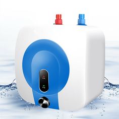 a white and blue water heater sitting on top of a body of water with bubbles around it