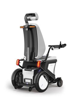 an electric wheelchair is shown with the wheels down and one arm extended to the side