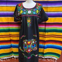 Mexican Dress Embroidered By Hand In Size Xl Measures Bust 44, Length 45 Black Cotton Embroidered Dress With Floral Embroidery, Black Cotton Dress With Floral Embroidery, Black Embroidered Cotton Dresses, Black Cotton Embroidered Short Sleeve Dress, Black Cotton Dress With Embroidery, Black Cotton Embroidered Dress With Short Sleeves, Summer Slip Dress, Mexican Embroidered Dress, Black Cotton Fabric