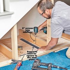 a man is working on the floor in his house with tools and screwdrivers