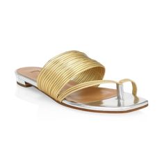 Very Comfortable/Chic. Will Dress Up Any Outfit Or Will Complement A Dressy Outfit! A Collection Of Gold Metallic Bangles Create A Stunning Sandal. Synthetic & Leather Upper Leather Lining : Leather Sole : Made In Italy Some Scratches, See Photos, Worn A Few Times. Dressy Outfit, Comfortable Chic, Aquazzura Shoes, Sandals Flat, Metallic Sandals, Dressy Outfits, Synthetic Leather, Flat Sandals, Women's Shoes Sandals