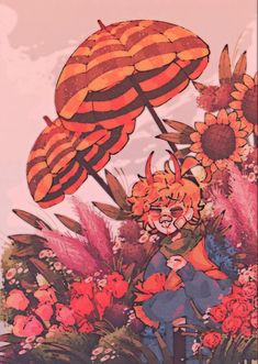 an image of a cartoon character holding two umbrellas in front of flowers and plants