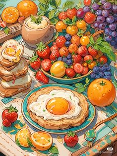 a painting of an assortment of fruits and vegetables on a table with bread, eggs, fruit