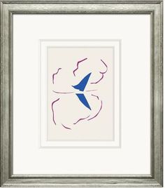 a blue and pink bird in a silver frame on a white wall with a gray border