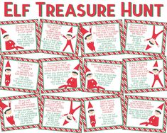 an elf's christmas message is shown in red and green with the words, elf treasure hunt