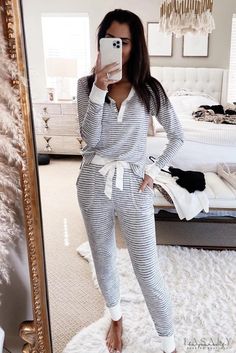 Lasaky - Long sleeve leopard print joggers set Cheetah Style, Joggers Set, Striped Pyjamas, Cute Pajamas, Printed Joggers, Jogger Set, Striped Long Sleeve, Pajamas Women, Grey Stripes