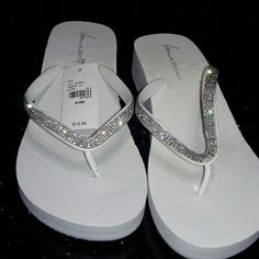 White Thong Sandal With Rhinestone Detail White Synthetic Sandals With Rhinestones, White Flip Flops For Beach Season Parties, White Sandals With Rhinestones And Adjustable Fit, White Rhinestone Sandals For Vacation, White Rhinestone Sandals For Summer, White Synthetic Party Flip Flops, White Platform Sandals, White Platform, Shoes White