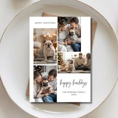 a couple and their dog are sitting in front of a christmas card on a plate