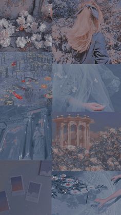 the collage shows several different scenes in blue and pink tones, including an image of a woman with long hair wearing a veil