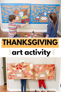 two children are playing with their art project and the text thanksgiving art activity is overlayed