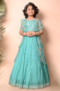 Buy Blue Silk Organza Layered Lehenga Set For Girls by Panchhi by Kanupriya Tibrewala Online at Aza Fashions. Noodle Strap Blouse, Cape Organza, Layered Lehenga, Cape Lehenga, Lehenga And Blouse, Noodle Strap, Applique Blouse, Strap Blouse, Blue Lehenga