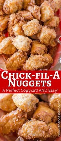 chicken nuggets on a red plate with text overlay that reads, chick - fil - a nuggets a perfect copycat and easy