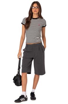 Blend both the professional and playful into your casual look with these trouser-inspired Bermuda shorts enhanced by clean lines and front pleats. Zip fly with hook-and-bar closure On-seam pockets; back welt pockets 100% polyester Machine wash, dry flat Imported Gray Workwear Shorts, Casual Knee-length Bottoms For Office, Casual Knee-length Office Bottoms, Trendy Business Casual Short Bottoms, Trendy Short Length Bottoms For Business Casual, Trendy Short Length Business Casual Bottoms, Trendy Wide Leg Shorts For Work, Trendy Knee-length Bottoms For Workwear, Gray Knee-length Workwear Bottoms