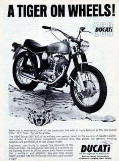 an advertisement for the ducati tiger on wheels motorbike, from 1950's