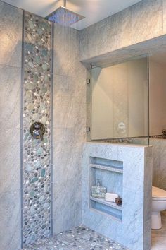 a bathroom with a walk in shower next to a white toilet and tiled flooring