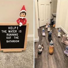 an elf is standing in front of a sign and several shoes lined up on the floor